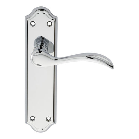 This is an image of Carlisle Brass - Madrid Lever on Latch Backplate - Polished Chrome available to order from T.H Wiggans Architectural Ironmongery in Kendal, quick delivery and discounted prices.