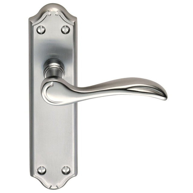 This is an image of Carlisle Brass - Madrid Lever on Latch Backplate - Satin Chrome available to order from T.H Wiggans Architectural Ironmongery in Kendal, quick delivery and discounted prices.