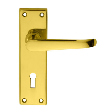 This is an image of Carlisle Brass - Victorian Ascot Lever on Lock Backplate - Polished Brass available to order from T.H Wiggans Architectural Ironmongery in Kendal, quick delivery and discounted prices.