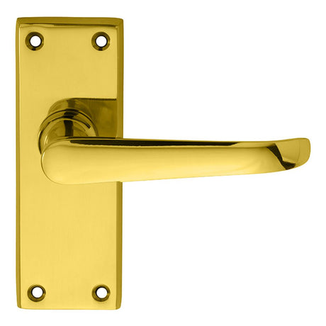 This is an image of Carlisle Brass - Victorian Ascot Lever on Short Latch Backplate - Polished Brass available to order from T.H Wiggans Architectural Ironmongery in Kendal, quick delivery and discounted prices.