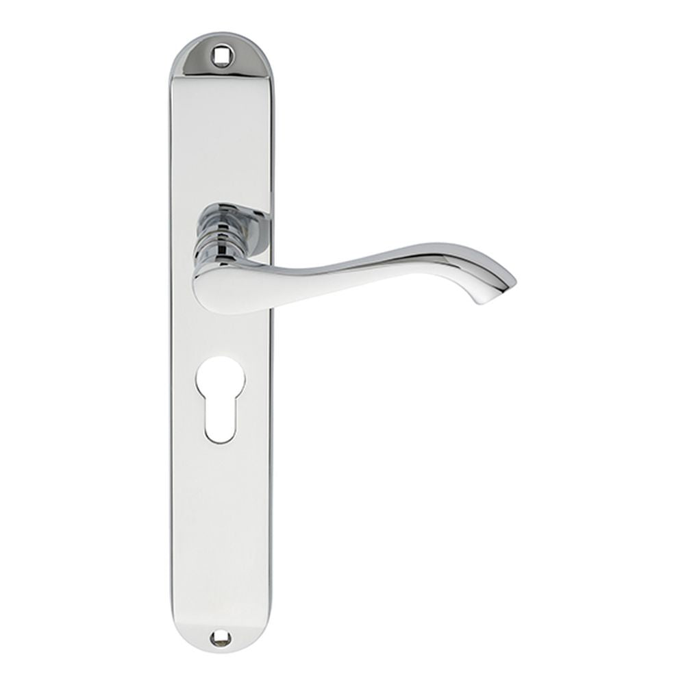 This is an image of Carlisle Brass - Andros Lever on Euro Lock Long Backplate - Polished Chrome available to order from T.H Wiggans Architectural Ironmongery in Kendal, quick delivery and discounted prices.