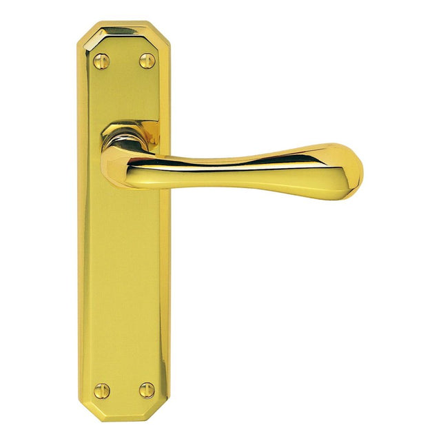 This is an image of Carlisle Brass - Eden Lever on Latch Backplate - Polished Brass available to order from T.H Wiggans Architectural Ironmongery in Kendal, quick delivery and discounted prices.