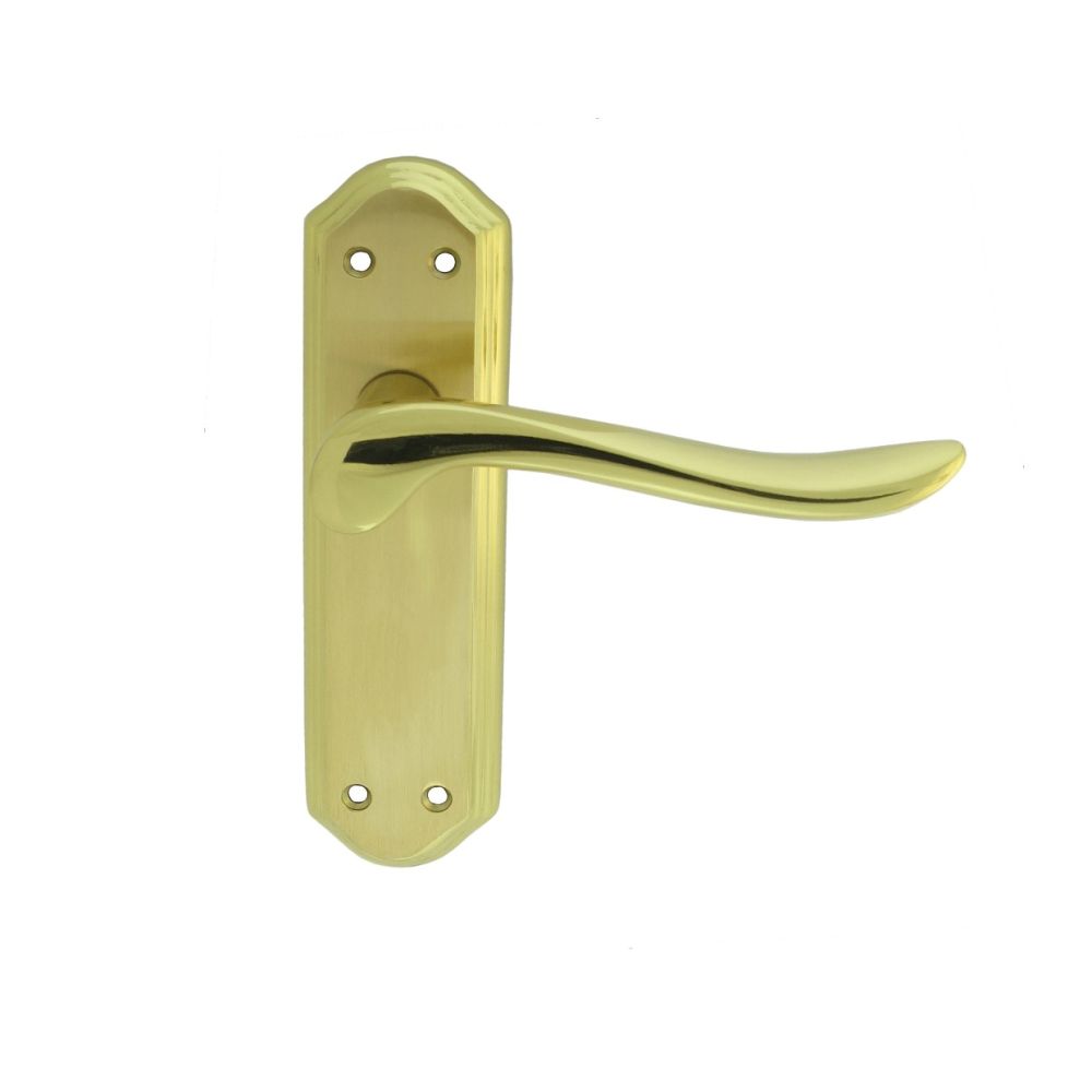 This is an image of Carlisle Brass - Lytham Lever on Latch backplate - Dual Finish-Satin/Polished Br available to order from T.H Wiggans Architectural Ironmongery in Kendal, quick delivery and discounted prices.