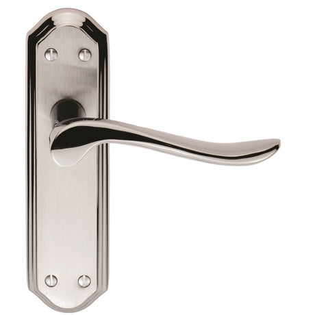 This is an image of Carlisle Brass - Lytham Lever on Latch backplate - Dual Finish-Satin/Polished Ch available to order from T.H Wiggans Architectural Ironmongery in Kendal, quick delivery and discounted prices.