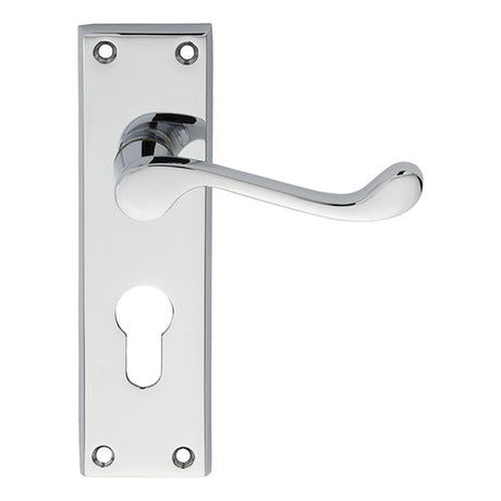 This is an image of Carlisle Brass - Victorian Scroll Lever on Euro Lock Backplate - Polished Chrome available to order from T.H Wiggans Architectural Ironmongery in Kendal, quick delivery and discounted prices.