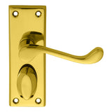 This is an image of Carlisle Brass - Victorian Scroll Lever on Short Privacy Backplate - Polished Br available to order from T.H Wiggans Architectural Ironmongery in Kendal, quick delivery and discounted prices.