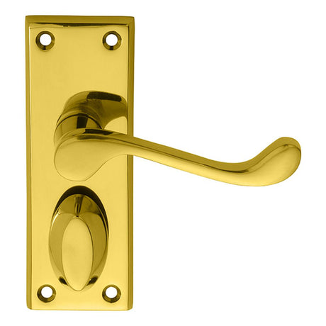 This is an image of Carlisle Brass - Victorian Scroll Lever on Short Privacy Backplate - Polished Br available to order from T.H Wiggans Architectural Ironmongery in Kendal, quick delivery and discounted prices.