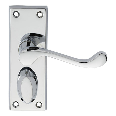 This is an image of Carlisle Brass - Victorian Scroll Lever on Short Privacy Backplate - Polished Ch available to order from T.H Wiggans Architectural Ironmongery in Kendal, quick delivery and discounted prices.