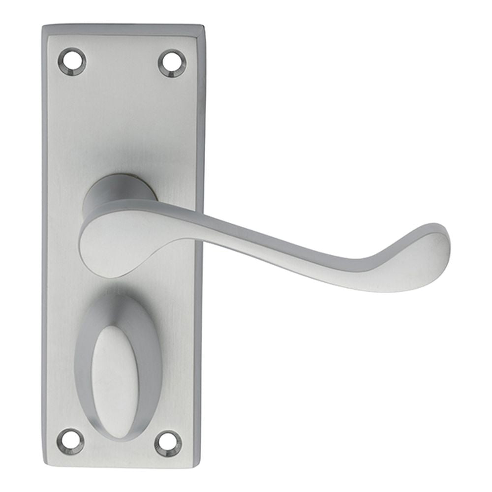 This is an image of Carlisle Brass - Victorian Scroll Lever on Short Privacy Backplate - Satin Chrom available to order from T.H Wiggans Architectural Ironmongery in Kendal, quick delivery and discounted prices.