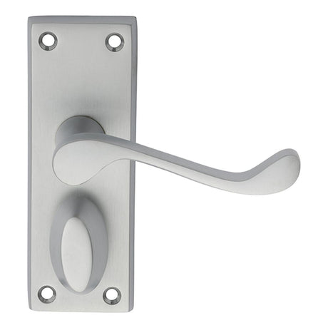 This is an image of Carlisle Brass - Victorian Scroll Lever on Short Privacy Backplate - Satin Chrom available to order from T.H Wiggans Architectural Ironmongery in Kendal, quick delivery and discounted prices.