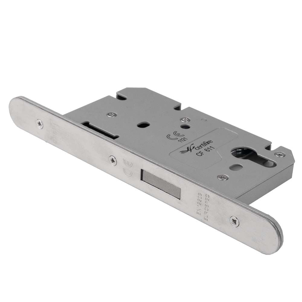 This is an image of a Eurospec - Easi T Din Euro Profile Deadlock Radius - Satin Stainless Steel that is availble to order from T.H Wiggans Architectural Ironmongery in Kendal.