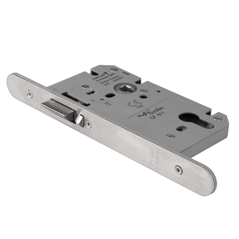 This is an image of a Eurospec - Easi-T Din Euro Profile Nightlatch Radius - Satin Stainless Steel that is availble to order from T.H Wiggans Architectural Ironmongery in Kendal.