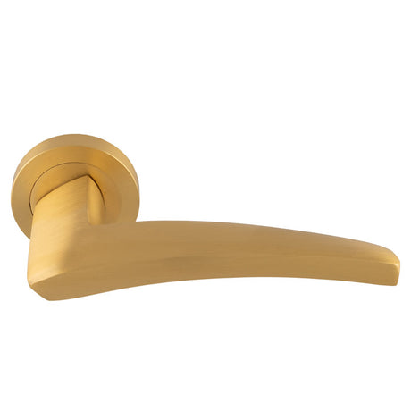 This is an image of a Manital - Dune lever on Round Rose - Satin Brass du5sb that is availble to order from T.H Wiggans Ironmongery in Kendal.