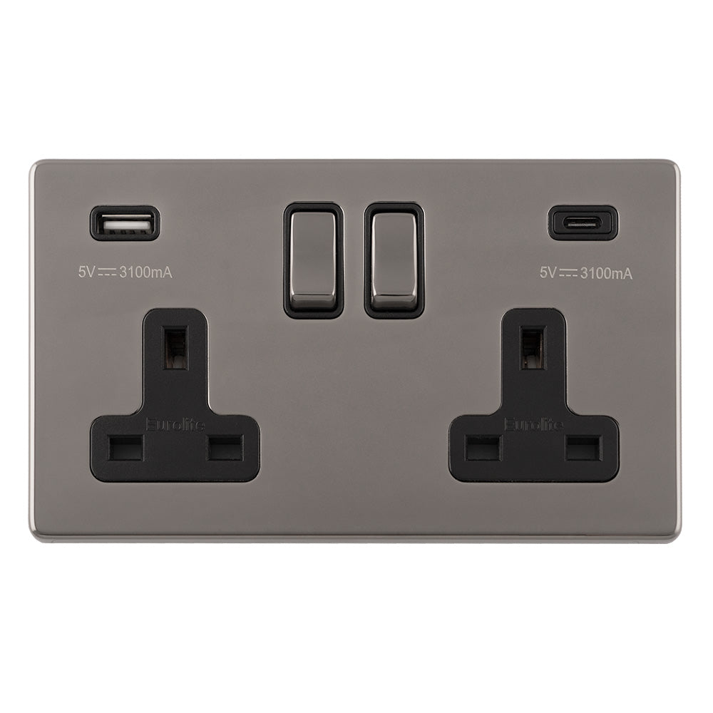 This is an image showing Eurolite Concealed 3mm Concealed 3Mm 2 Gang Usbc Socket - Black Nickel (With Black Trim) ecbn2usbcb available to order from T.H. Wiggans Ironmongery in Kendal, quick delivery and discounted prices.