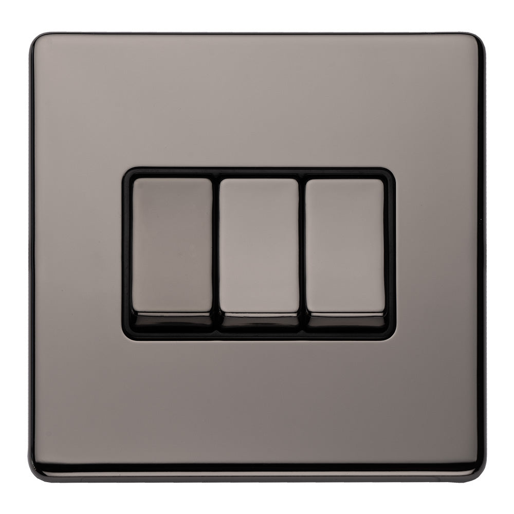 This is an image showing Eurolite Concealed 3mm 3 Gang 10Amp 2Way Switch - Black Nickel (With Black Trim) ecbn3swb available to order from T.H. Wiggans Ironmongery in Kendal, quick delivery and discounted prices.