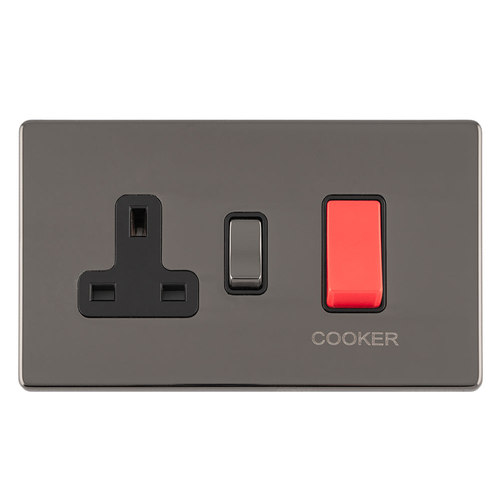 This is an image showing Eurolite Concealed 3mm 45Amp Dp Cooker Switch With 13Amp Socket - Black Nickel (With Black Trim) ecbn45aswasb available to order from T.H. Wiggans Ironmongery in Kendal, quick delivery and discounted prices.