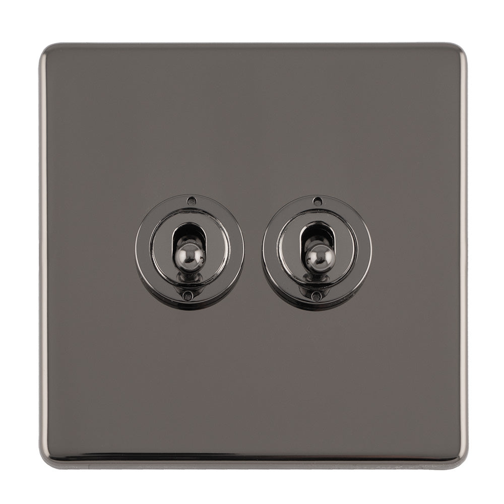 This is an image showing Eurolite Concealed 3mm 2 Gang 10Amp 2Way Toggle Switch Black Nickel Plate - Black Nickel (With Black Trim) ecbnt2sw available to order from T.H. Wiggans Ironmongery in Kendal, quick delivery and discounted prices.