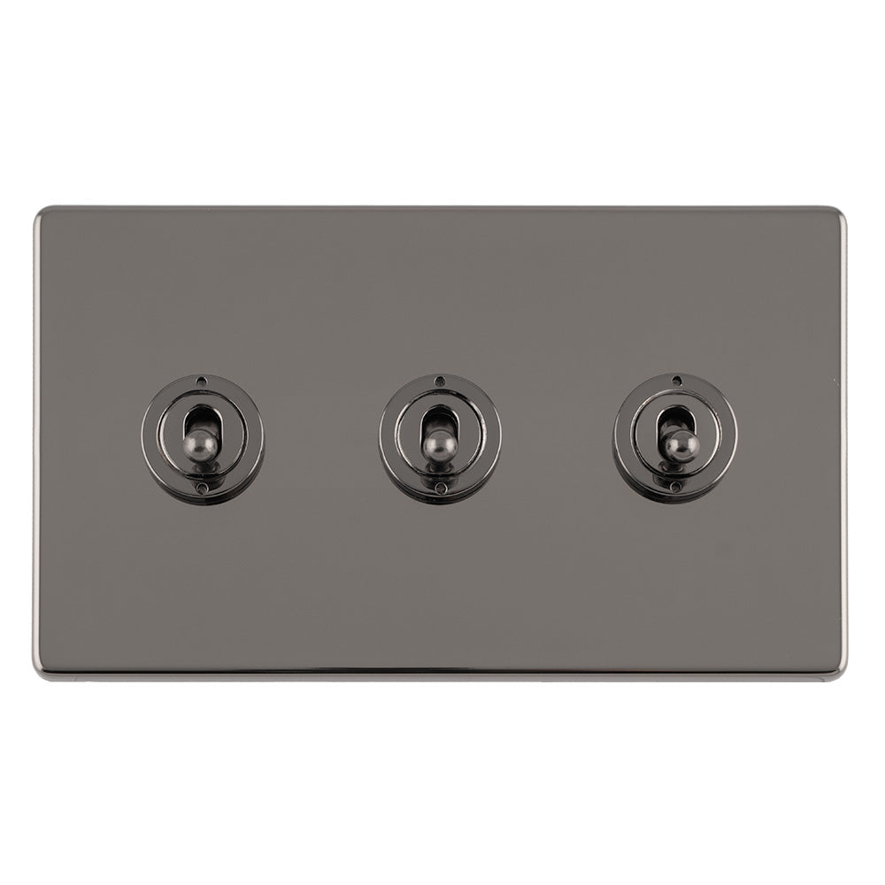 This is an image showing Eurolite Concealed 3mm 3 Gang 10Amp 2Way Toggle Switch Black Nickel Plate - Black Nickel (With Black Trim) ecbnt3sw available to order from T.H. Wiggans Ironmongery in Kendal, quick delivery and discounted prices.