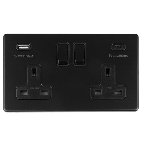 This is an image showing Eurolite Concealed 3mm 2 Gang 13Amp Switched Socket With Usb C Matt Black - Matt Black (With Black Trim) ecmb2usbcb available to order from T.H. Wiggans Ironmongery in Kendal, quick delivery and discounted prices.