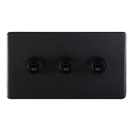This is an image showing Eurolite 3 Gang 10Amp 2Way Toggle Switch - Matt Blackecmbt3sw available to order from T.H. Wiggans Ironmongery in Kendal, quick delivery and discounted prices.