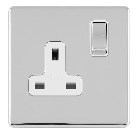 This is an image showing Eurolite Concealed 3mm 1 Gang 13Amp Dp Switched Socket - Polished Chrome (With White Trim) ecpc1sow available to order from T.H. Wiggans Ironmongery in Kendal, quick delivery and discounted prices.