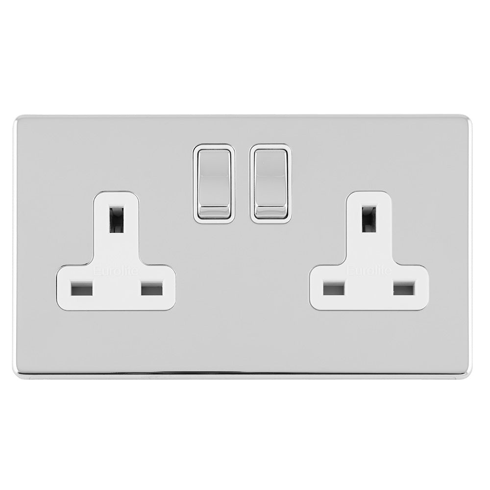 This is an image showing Eurolite Concealed 3mm 2 Gang 13Amp Dp Switched Socket - Polished Chrome (With White Trim) ecpc2sow available to order from T.H. Wiggans Ironmongery in Kendal, quick delivery and discounted prices.