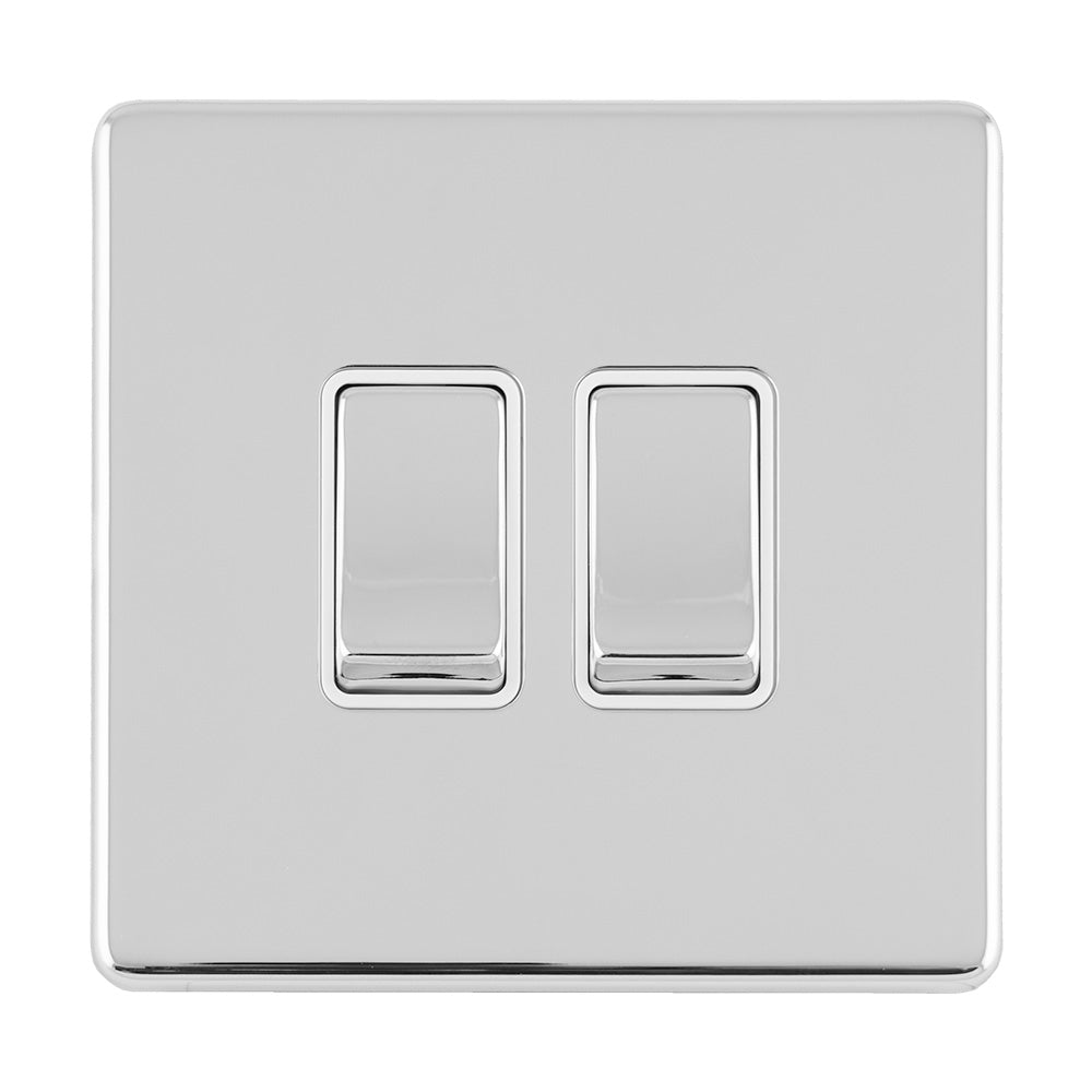 This is an image showing Eurolite Concealed 3mm 2 Gang 10Amp 2Way Switch - Polished Chrome (With White Trim) ecpc2sww available to order from T.H. Wiggans Ironmongery in Kendal, quick delivery and discounted prices.