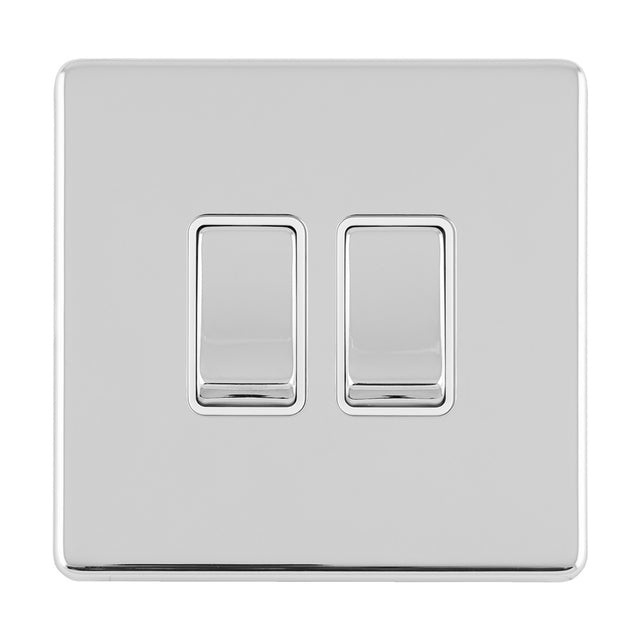 This is an image showing Eurolite Concealed 3mm 2 Gang 10Amp 2Way Switch - Polished Chrome (With White Trim) ecpc2sww available to order from T.H. Wiggans Ironmongery in Kendal, quick delivery and discounted prices.