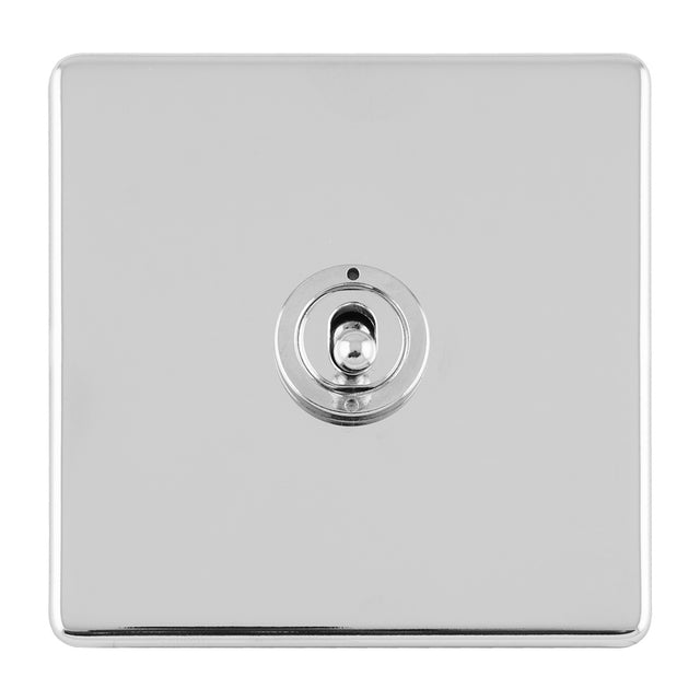 This is an image showing Eurolite Concealed 3mm 1 Gang 10Amp 2Way Toggle Switch Polished Chrome Plate - Polished Chrome (With White Trim) ecpct1sw available to order from T.H. Wiggans Ironmongery in Kendal, quick delivery and discounted prices.