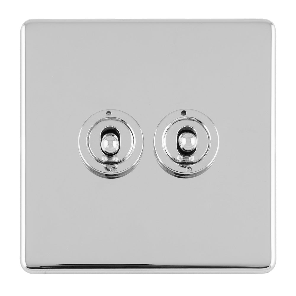 This is an image showing Eurolite Concealed 3mm 2 Gang 10Amp 2Way Toggle Switch Polished Chrome Plate - Polished Chrome (With White Trim) ecpct2sw available to order from T.H. Wiggans Ironmongery in Kendal, quick delivery and discounted prices.
