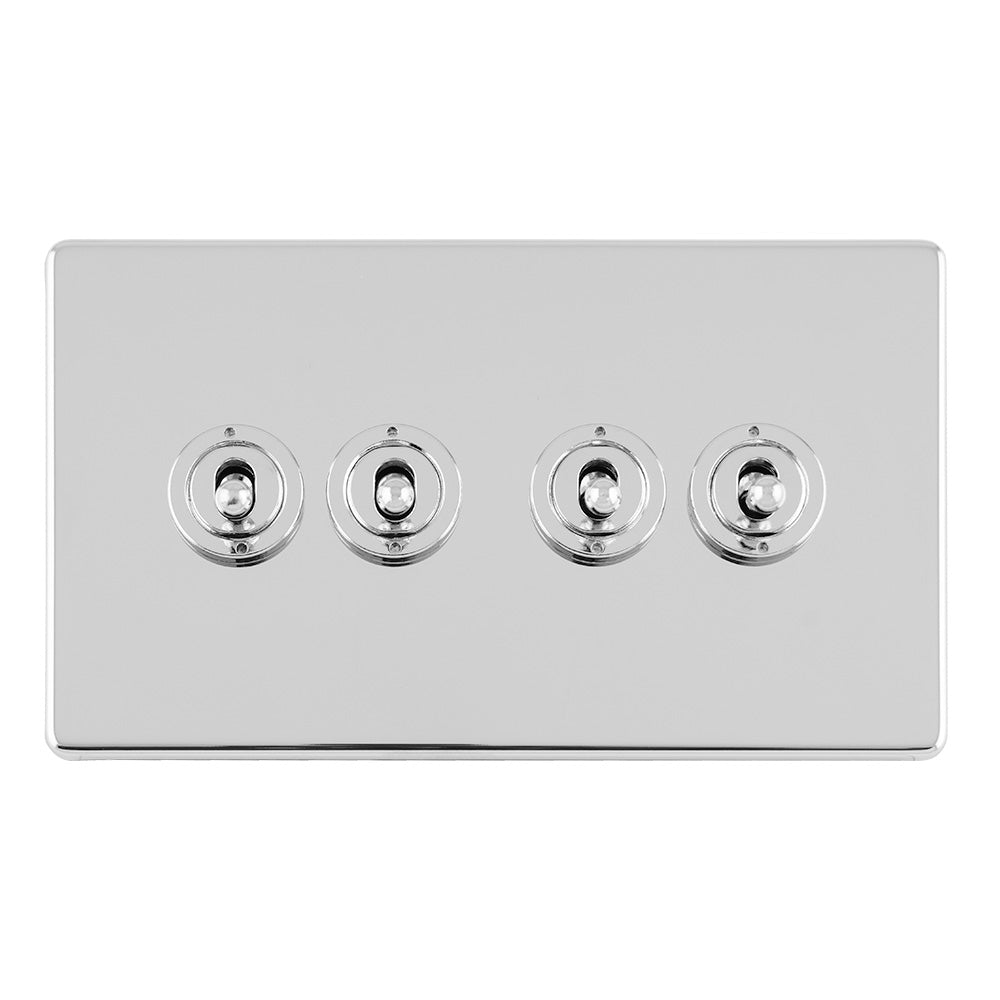 This is an image showing Eurolite Concealed 3mm 4 Gang 10Amp 2Way Toggle Switch Polished Chrome Plate - Polished Chrome (With White Trim) ecpct4sw available to order from T.H. Wiggans Ironmongery in Kendal, quick delivery and discounted prices.