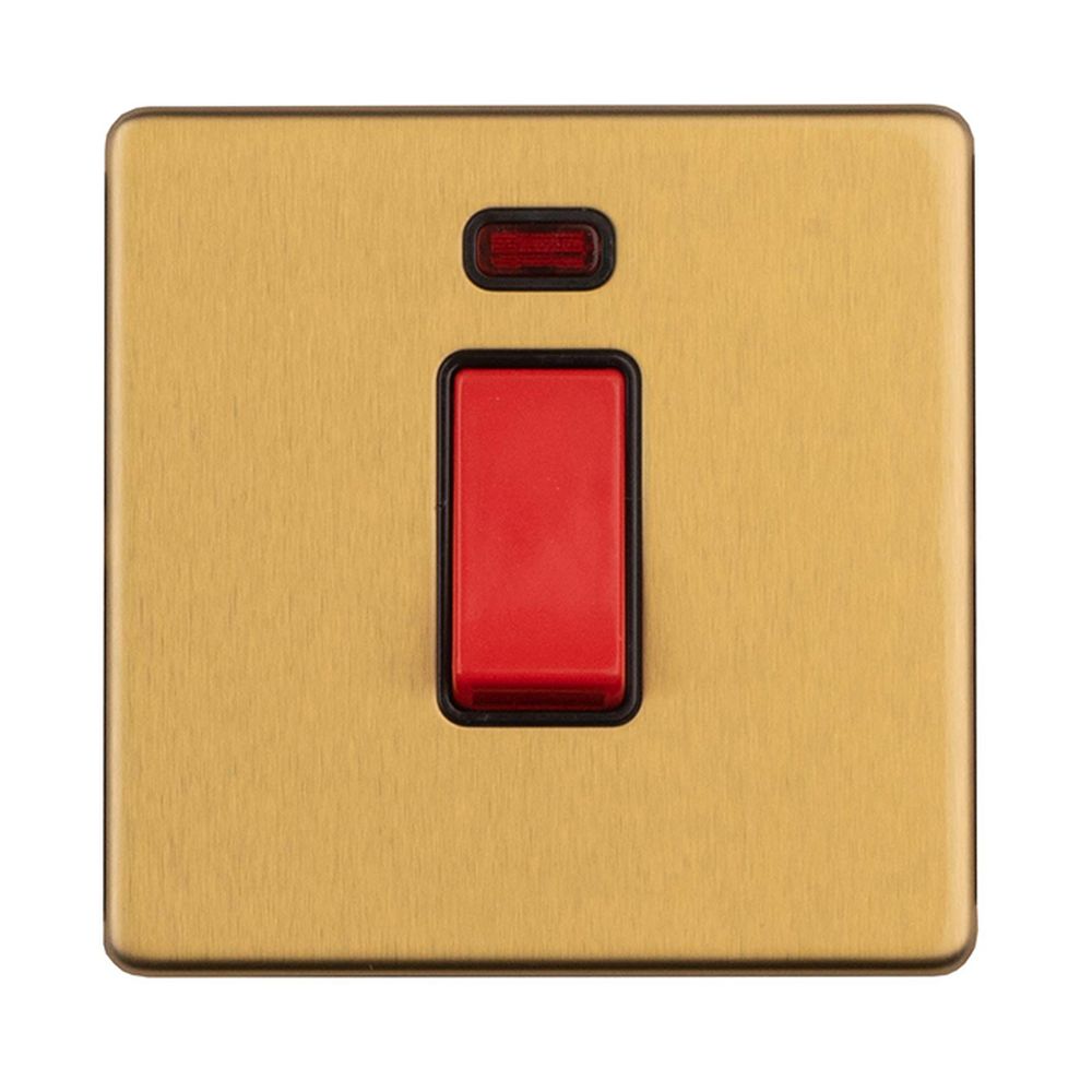 This is an image showing Eurolite Concealed 3mm 1 Gang 45 Amp Switch with Neon Indicator - Satin Brass ecsb45aswnsb available to order from T.H. Wiggans Ironmongery in Kendal, quick delivery and discounted prices.