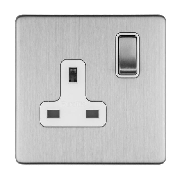 This is an image showing Eurolite Concealed 3mm 1 Gang 13Amp Dp Switched Socket - Stainless Steel (With White Trim) ecss1sow available to order from T.H. Wiggans Ironmongery in Kendal, quick delivery and discounted prices.