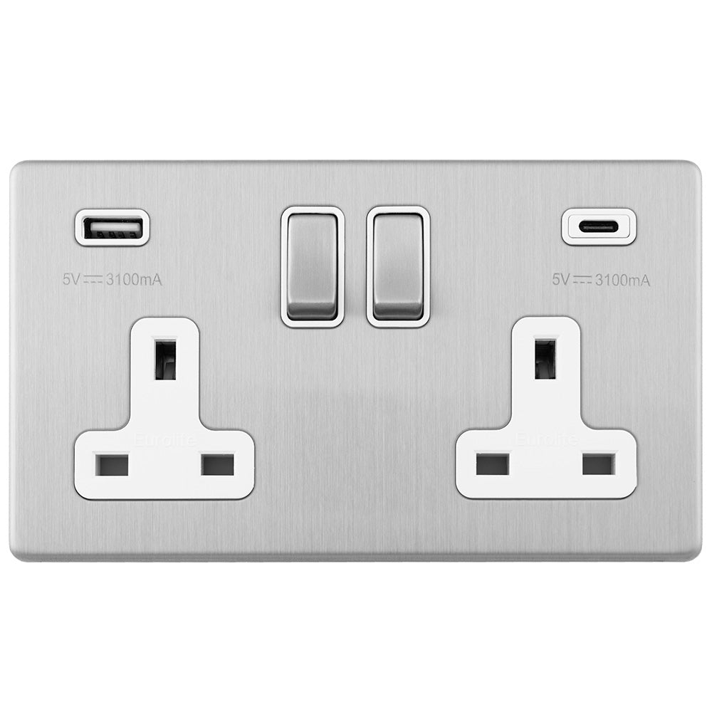 This is an image showing Eurolite Concealed 3mm Concealed 3Mm 2 Gang Usbc Socket - Stainless Steel (With White Trim) ecss2usbcw available to order from T.H. Wiggans Ironmongery in Kendal, quick delivery and discounted prices.