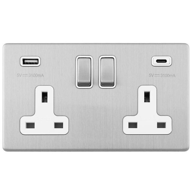 This is an image showing Eurolite Concealed 3mm Concealed 3Mm 2 Gang Usbc Socket - Stainless Steel (With White Trim) ecss2usbcw available to order from T.H. Wiggans Ironmongery in Kendal, quick delivery and discounted prices.