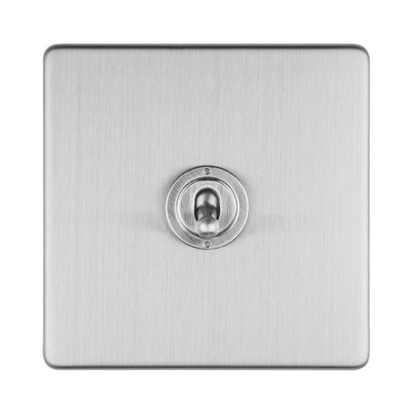 This is an image showing Eurolite Concealed 3mm 1 Gang 10Amp 2Way Toggle Switch Satin Stainless Plate - Stainless Steel (With Brass Trim) ecsst1sw available to order from T.H. Wiggans Ironmongery in Kendal, quick delivery and discounted prices.