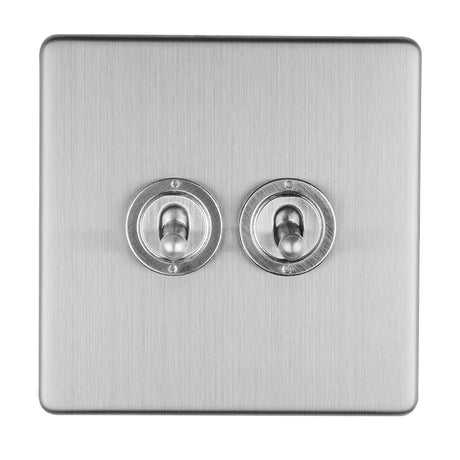 This is an image showing Eurolite Concealed 3mm 2 Gang 10Amp 2Way Toggle Switch Satin Stainless Plate - Stainless Steel (With Brass Trim) ecsst2sw available to order from T.H. Wiggans Ironmongery in Kendal, quick delivery and discounted prices.