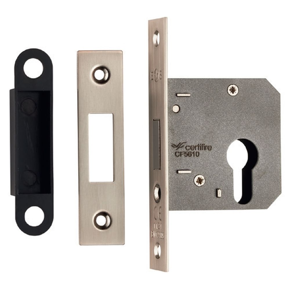 This is an image of a Eurospec - Easi-T Economy Euro Profile Deadlock 64mm - Satin Nickel that is availble to order from T.H Wiggans Architectural Ironmongery in Kendal.