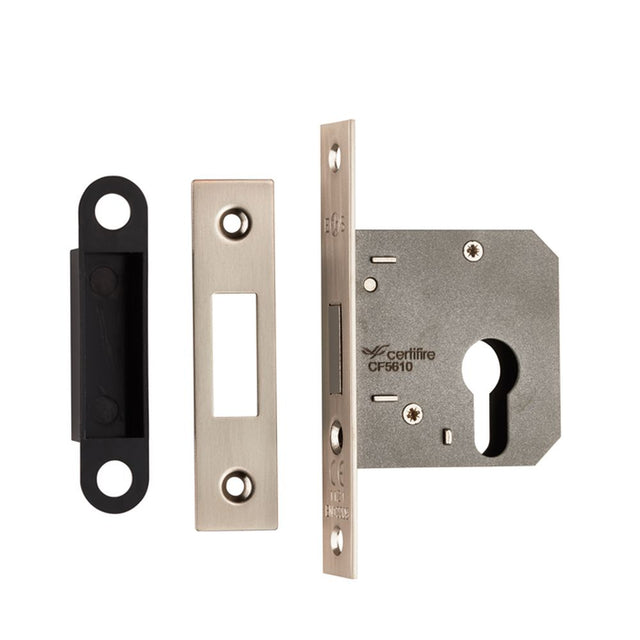 This is an image of a Eurospec - Easi-T Economy Euro Profile Deadlock 76mm - Satin Nickel that is availble to order from T.H Wiggans Architectural Ironmongery in Kendal.