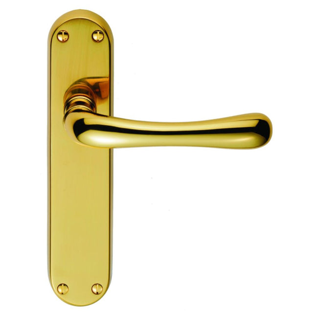 This is an image of Manital - Ibra Lever on Latch Backplate - Polished Brass available to order from T.H Wiggans Architectural Ironmongery in Kendal, quick delivery and discounted prices.