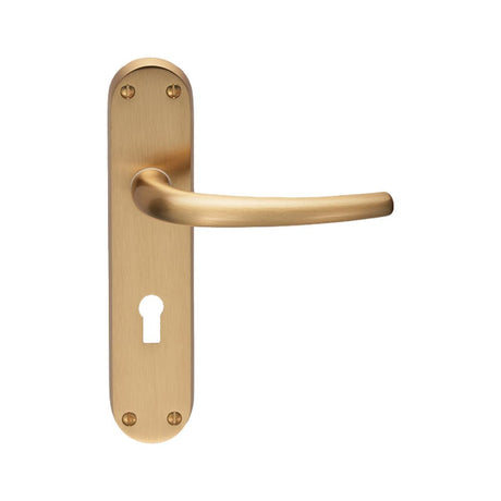 This is an image of Manital - Lilla Lever on Lock Backplate - Satin Brass available to order from T.H Wiggans Architectural Ironmongery in Kendal, quick delivery and discounted prices.