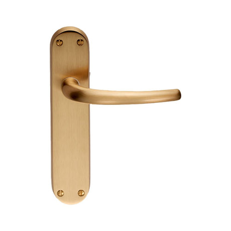 This is an image of Manital - Lilla Lever on Latch Backplate - Satin Brass available to order from T.H Wiggans Architectural Ironmongery in Kendal, quick delivery and discounted prices.