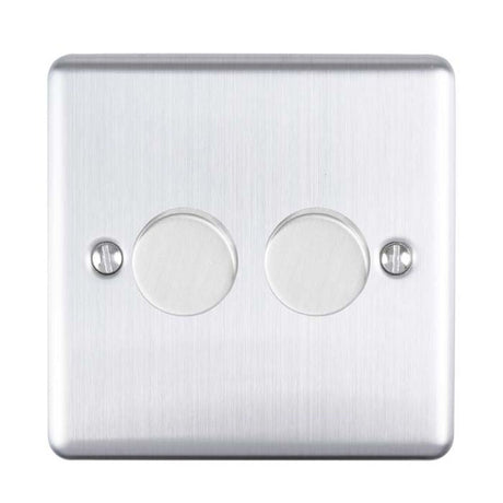This is an image showing Eurolite Enhance Decorative 2 Gang Dimmer - Satin Stainless Steel en2dledss available to order from T.H. Wiggans Ironmongery in Kendal, quick delivery and discounted prices.