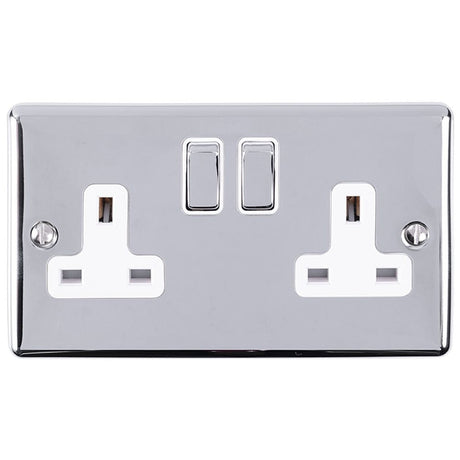This is an image showing Eurolite Enhance Decorative 2 Gang Socket - Polished Chrome (With White Trim) en2sopcw available to order from T.H. Wiggans Ironmongery in Kendal, quick delivery and discounted prices.