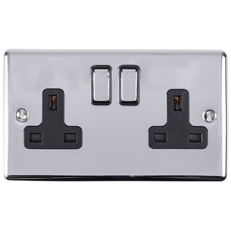 This is an image showing Eurolite Enhance Decorative 2 Gang Socket - Polished Chrome (With Black Trim) en2sopcb available to order from T.H. Wiggans Ironmongery in Kendal, quick delivery and discounted prices.