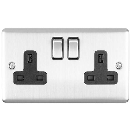 This is an image showing Eurolite Enhance Decorative 2 Gang Socket - Satin Stainless Steel (With Black Trim) en2sossb available to order from T.H. Wiggans Ironmongery in Kendal, quick delivery and discounted prices.