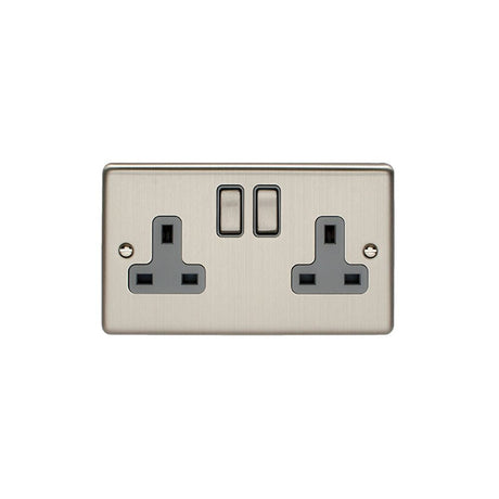 This is an image showing Eurolite Enhance Decorative 2 Gang Socket - Satin Stainless Steel (With Grey Trim) en2sossg available to order from T.H. Wiggans Ironmongery in Kendal, quick delivery and discounted prices.