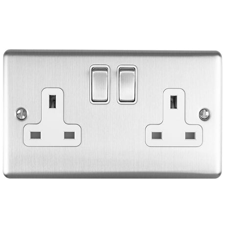 This is an image showing Eurolite Enhance Decorative 2 Gang Socket - Satin Stainless Steel (With White Trim) en2sossw available to order from T.H. Wiggans Ironmongery in Kendal, quick delivery and discounted prices.