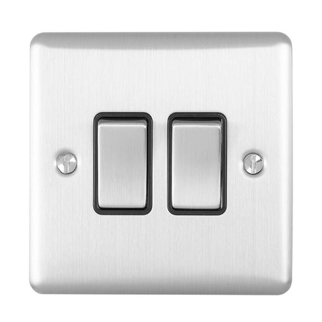 This is an image showing Eurolite Enhance Decorative 2 Gang Switch - Satin Stainless Steel (With Black Trim) en2swssb available to order from T.H. Wiggans Ironmongery in Kendal, quick delivery and discounted prices.