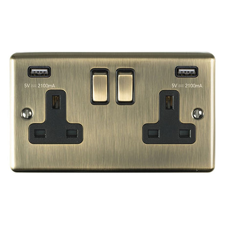 This is an image showing Eurolite Enhance Decorative 2 Gang USB Socket - Antique Brass (With Black Trim) en2usbabb available to order from T.H. Wiggans Ironmongery in Kendal, quick delivery and discounted prices.